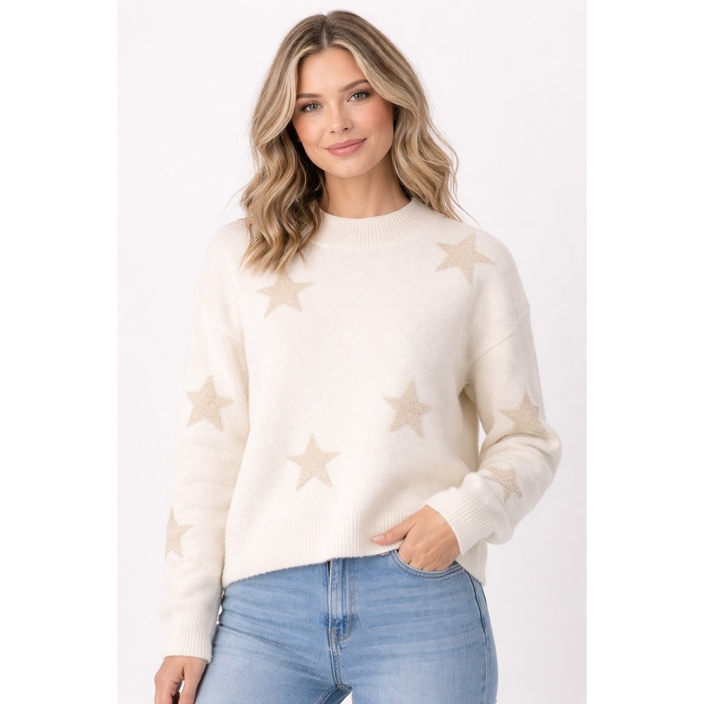 Rails Kana Sweater Womens S Ivory Gold Star Print‎ Metallic Wool Blend Crew Neck